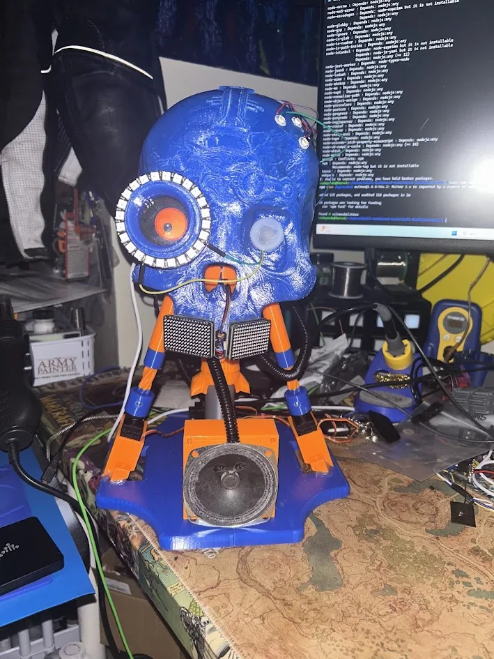 Servo skull robotics build with LED eye, speaker, and matrix mouth