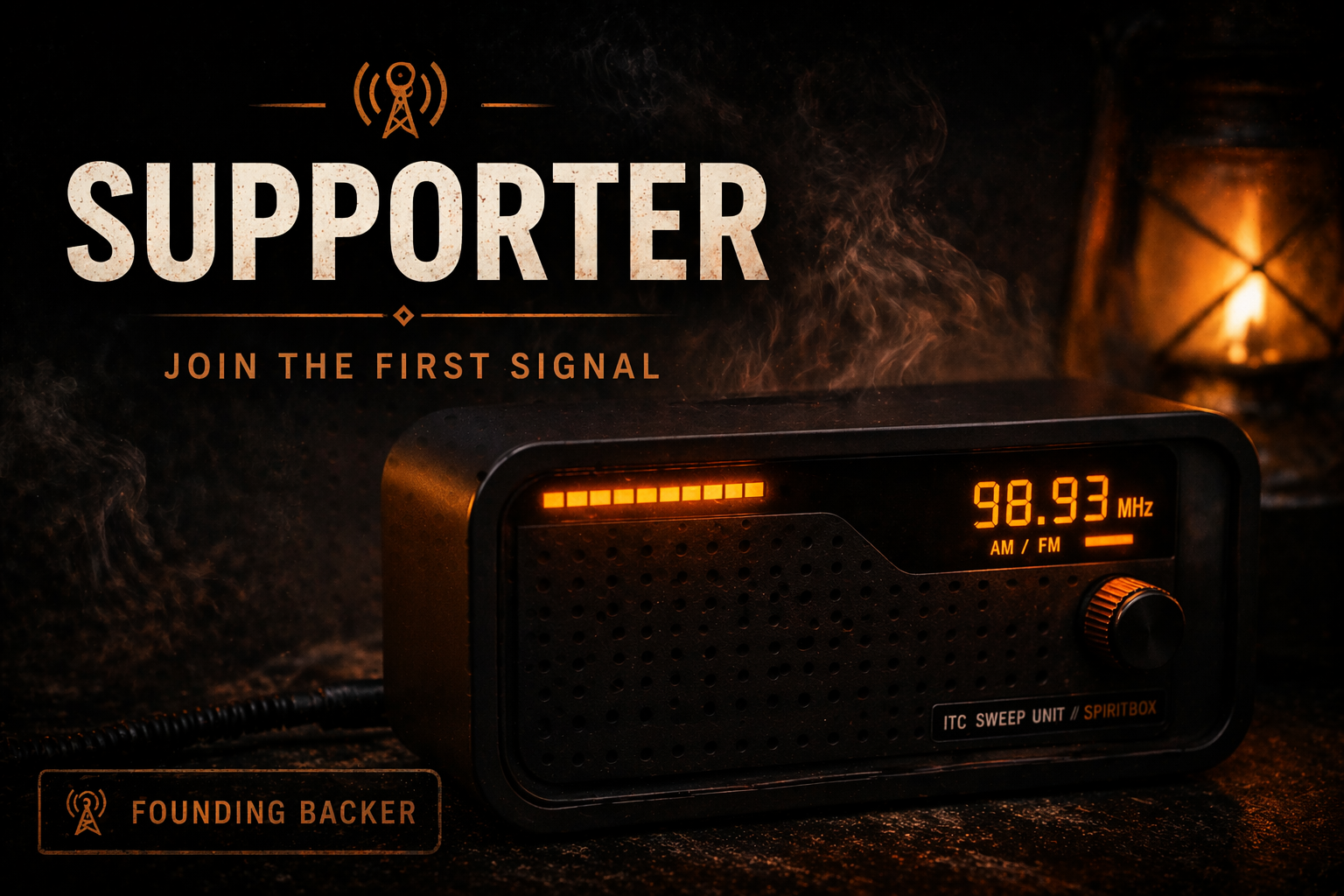 Ashen Amber supporter graphic with radio-style device